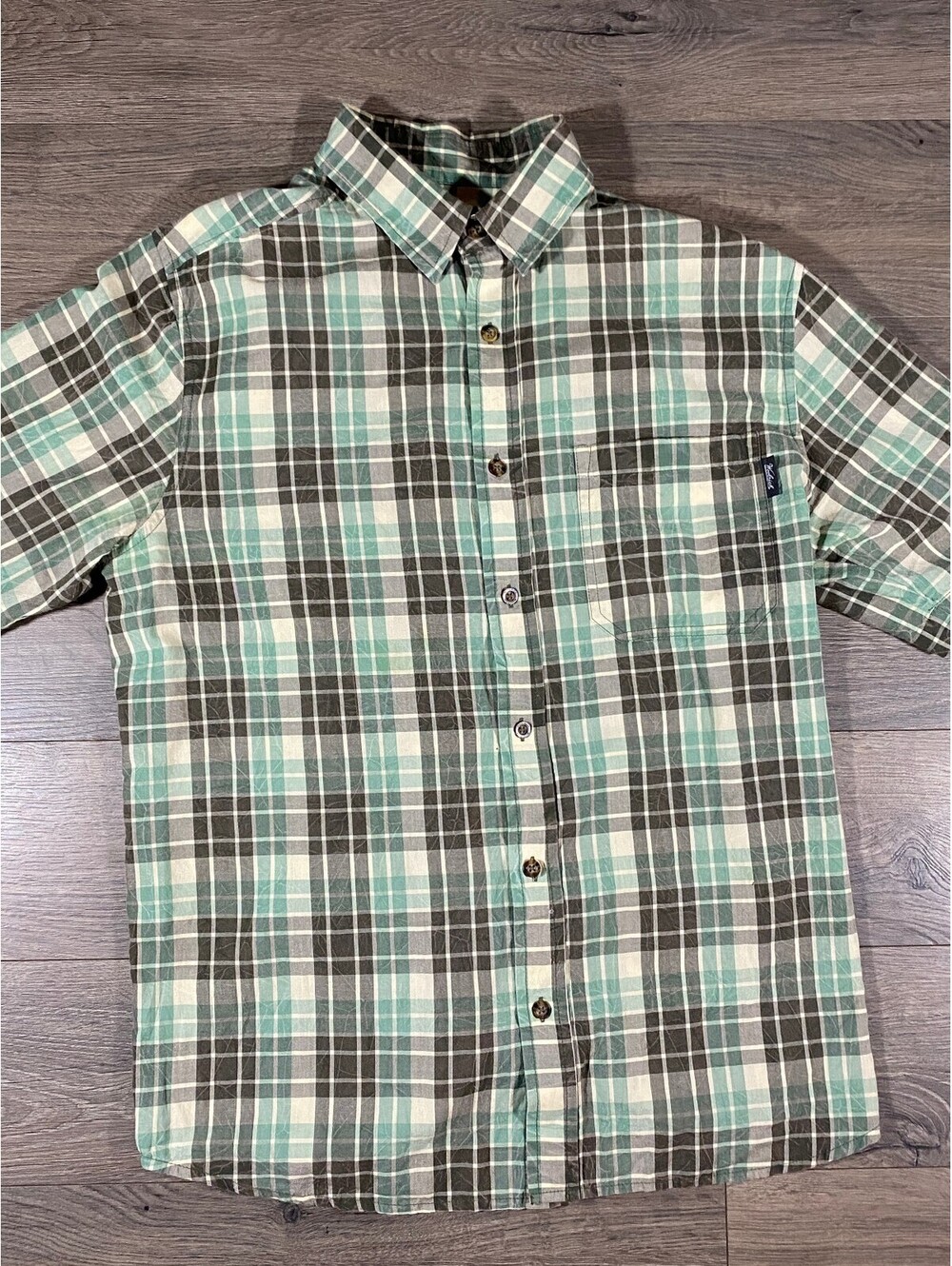 Woolrich Plaid Shirt Mens L Green Short Sleeve Button Down 100% Cotton 6245
